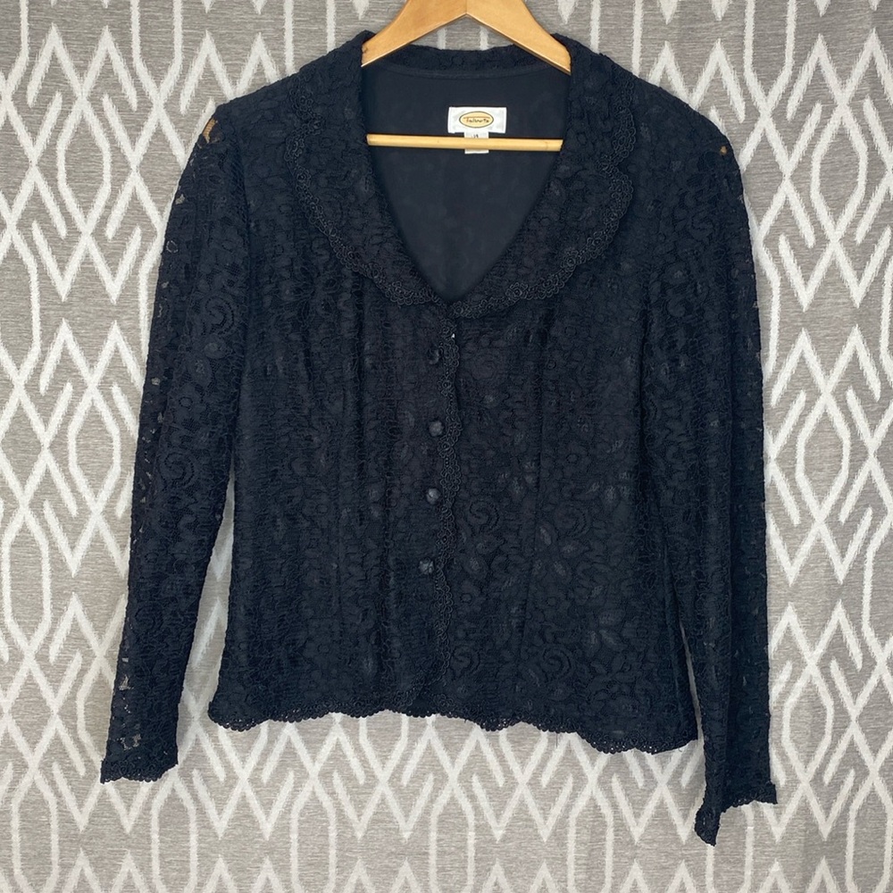 Vintage Talbots Lace Floral Embroidered Blazer Sheer Lace Sleeves Black Size: 14